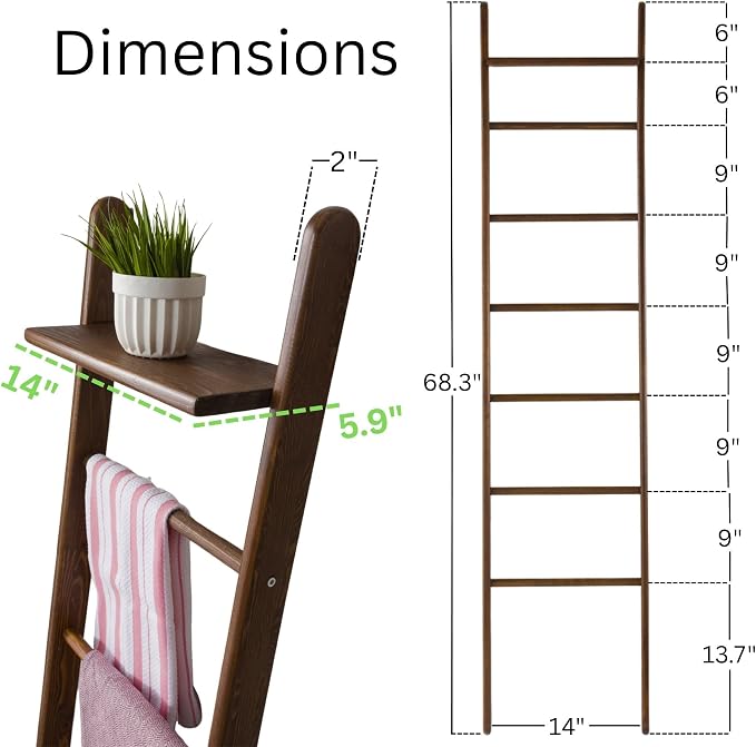 Solid Pine Wood Blanket Ladder for Living Room Bathroom Organizer Shelves, 7-Tier 5-Tier Freestanding Shelf, Freestanding Towel Rack Extra Storage, Wall-Leaning (Walnut, Large)