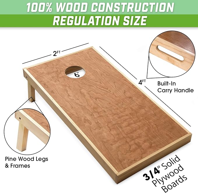 GoSports 4 ft x 2 ft Commercial Grade Cornhole Boards Set - Natural Wood Cornhole Boards, Choose from Different Bean Bag Color Combinations - White & Bright Green
