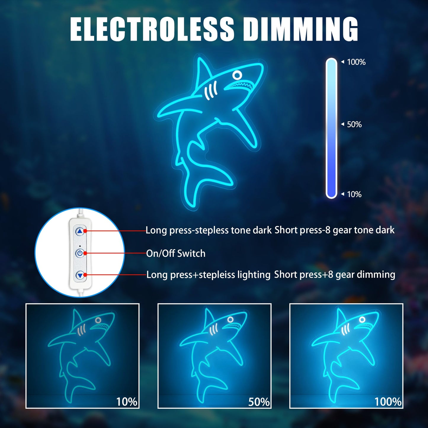 ACOPAEY Shark Neon Sign, Dimmable Ocean LED Neon Lights for Wall Decor, Animal Room Decor for Bedroom, Boys Room, Gaming Room, Man Cave, Gifts for Shark Lovers Gamers, USB Powered, 12.0 x 16.6 Inches