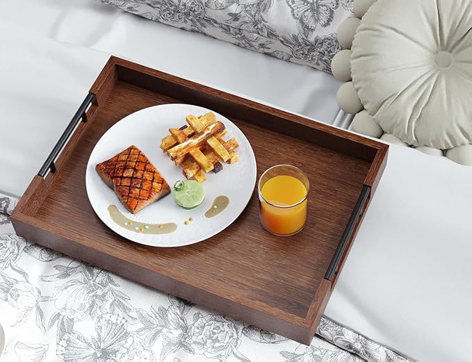 Fibogollo Bamboo Serving Tray with Metal Handles,17x12in Ottoman Decorative Trays Platter for Coffee Table,Living Room,Bar,Party,Large(Brown)