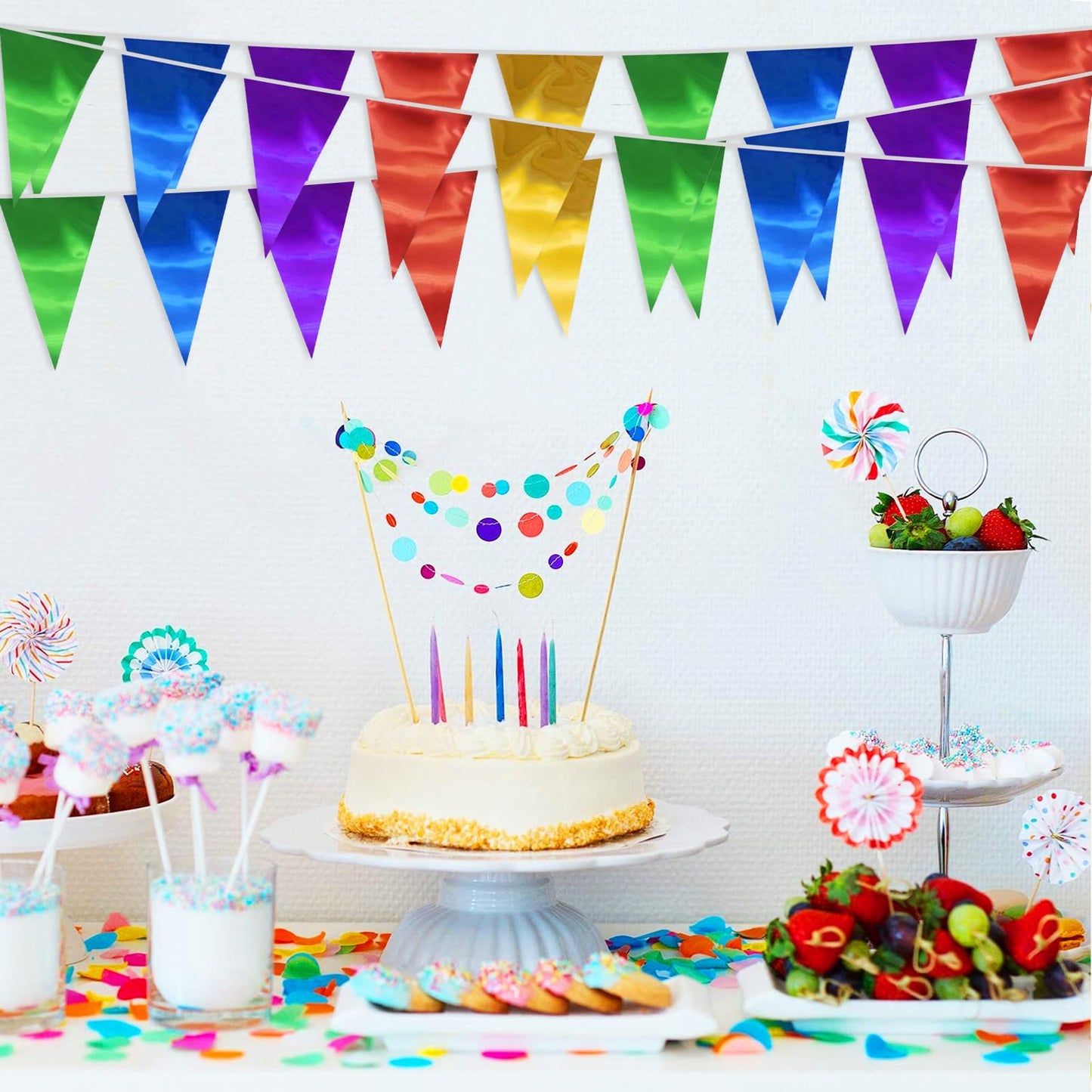20M/65FT Colorful Triangle Pennant Banner Flag Metallic Fabric Bunting Garland for Christmas Graduation Wedding Engagement Anniversary Bachelorette Birthday Bridal Shower Valentines Hen Party Supplies