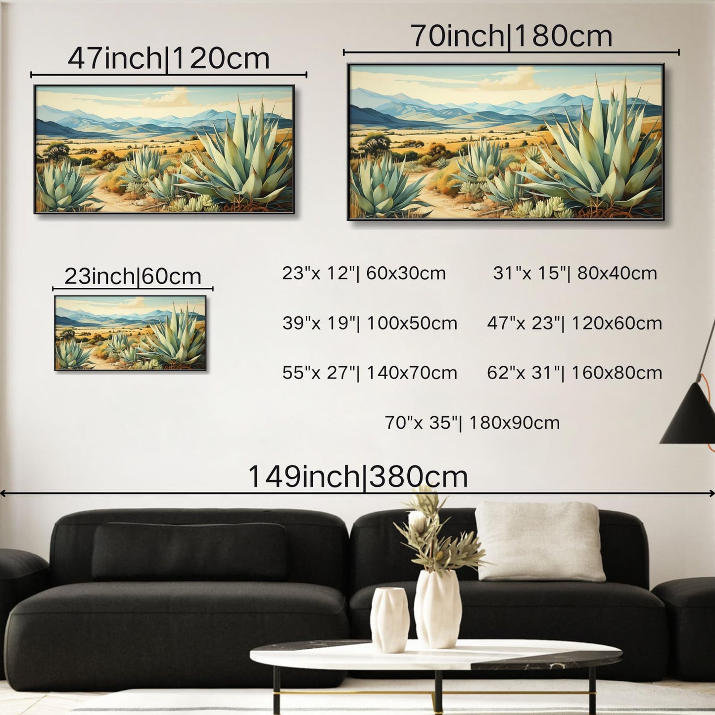 Desert Canvas Wall Art, Agave Desert Canvas Wall Art, Cactus Desert Canvas Wall Art, Desert Paintings on Canvas, Desert Wall Art, Desert Landscape Wall Art, Cactus Wall Art, Desert Southwest Decor (Gold Framed, 47"x 23"| 120x60cm )