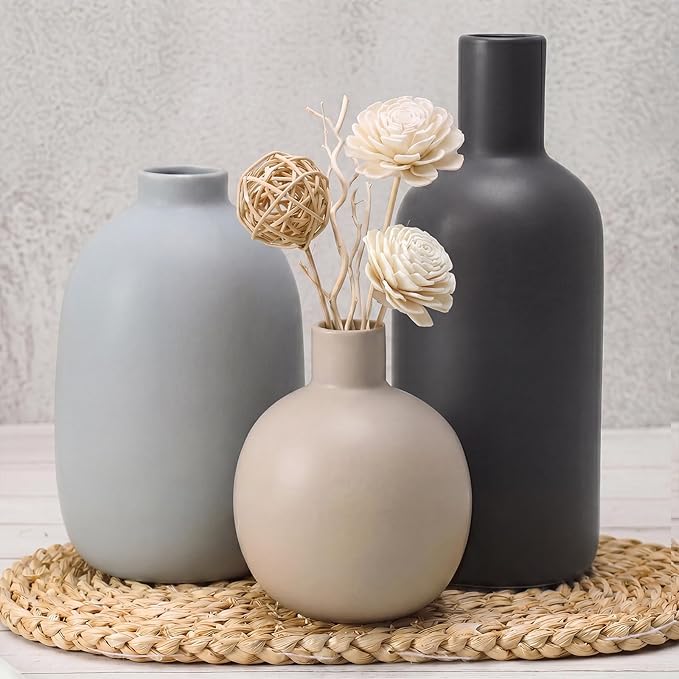 Ceramic Vase Set of 3, Large Neutral Rustic Vases for Farmhouse Decor, Pampas Grass & Dried Flowers and Table Living Room Home Decor