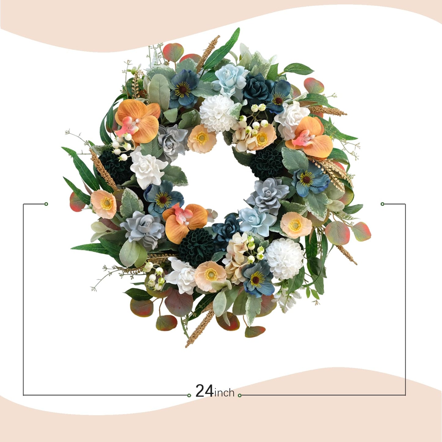 Bibelot 22 Inch Spring/Summer Floral Wreaths for Front Door,Artificial Valentines Day Wreath with Roses Dahlias Gardenias phalaenopsis for Home Wall Window Wedding Party Festival Decor