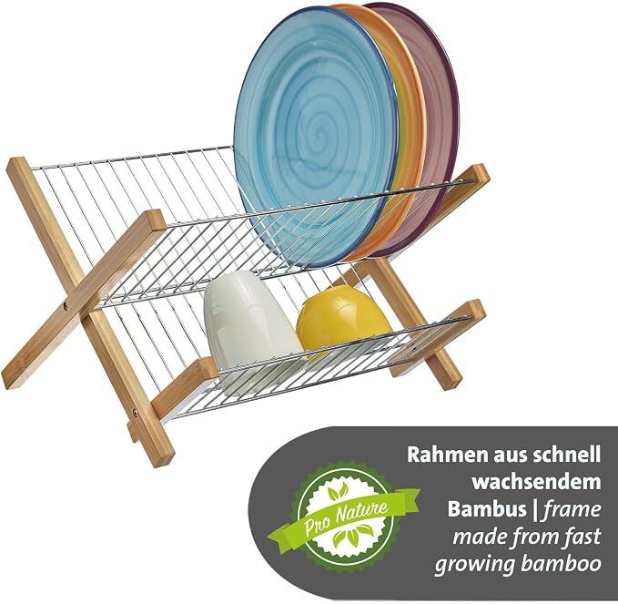 Westmark Tilo Dish Drainer - Foldable Dish Rack for Drying Tableware, Cutlery and Glasses, Dish Drainer for Sink - Bamboo, Stainless Steel