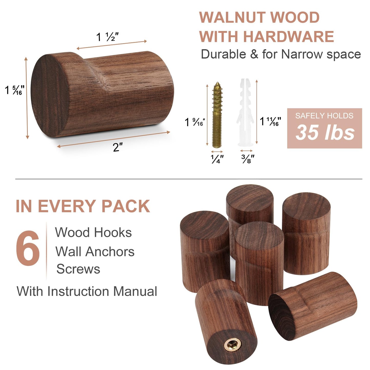 WOVRAN Wood Wall Hooks for Hanging, 6 Pack Rustic Coat Hooks Wall Mount, Handmade Wooden Pegs Hat Hook, Entryway Walls Hanger for Coat Purse, Boho Bathroom Towel Rack (Walnut Wood)