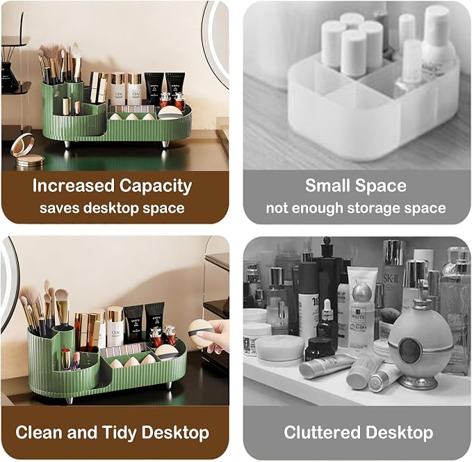Rotating Makeup Organizer for Vanity with Brush Holder, Cosmetic Makeup Storage Organizer, Large Spinning Makeup Skincare Organizer, Countertop Makeup Perfume Organizer, Lotions Display Case Green