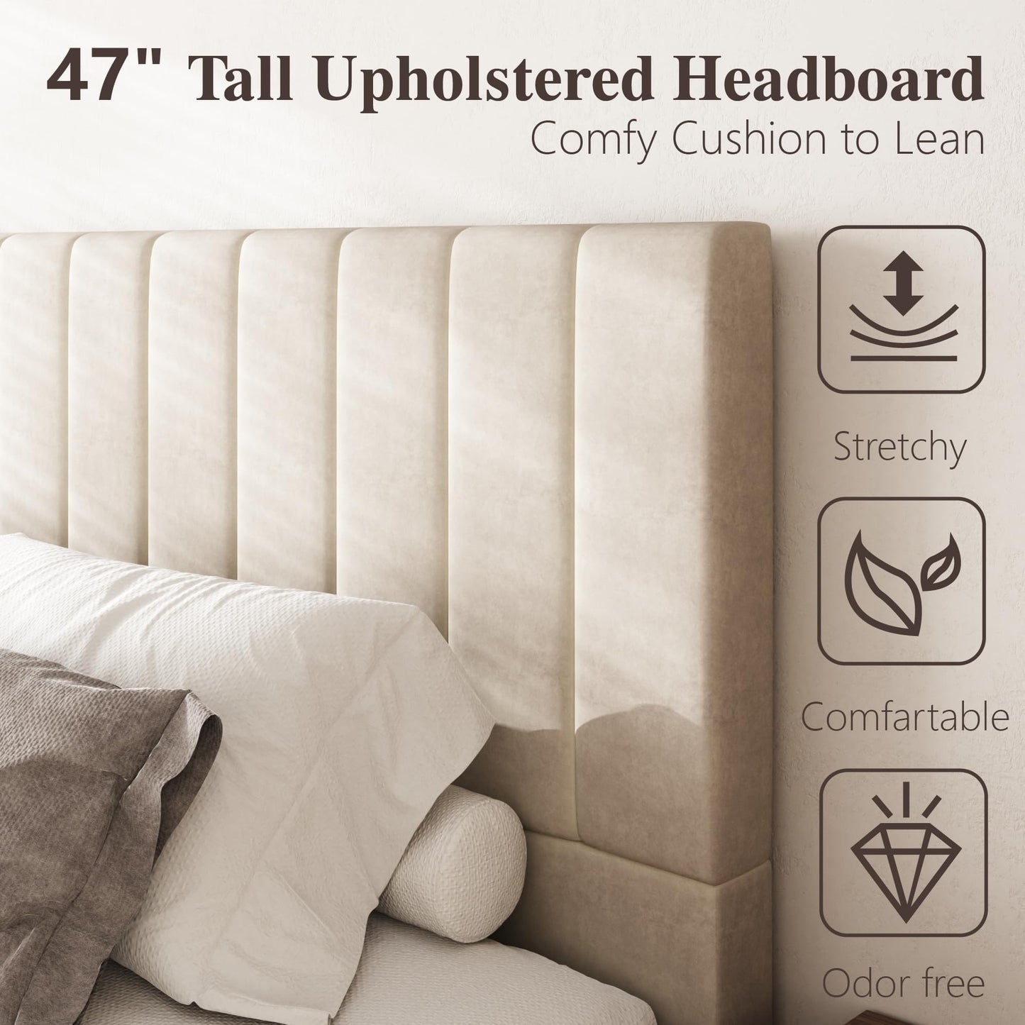 Sismplly Queen Size Cloud Bed Frame with 47" Tall Headboard, Velvet Upholstered Platform Bed with Thickened Sides & Footboard, Modern Floor-Standing Design, No Box Spring Needed, Easy Assembly, Beige