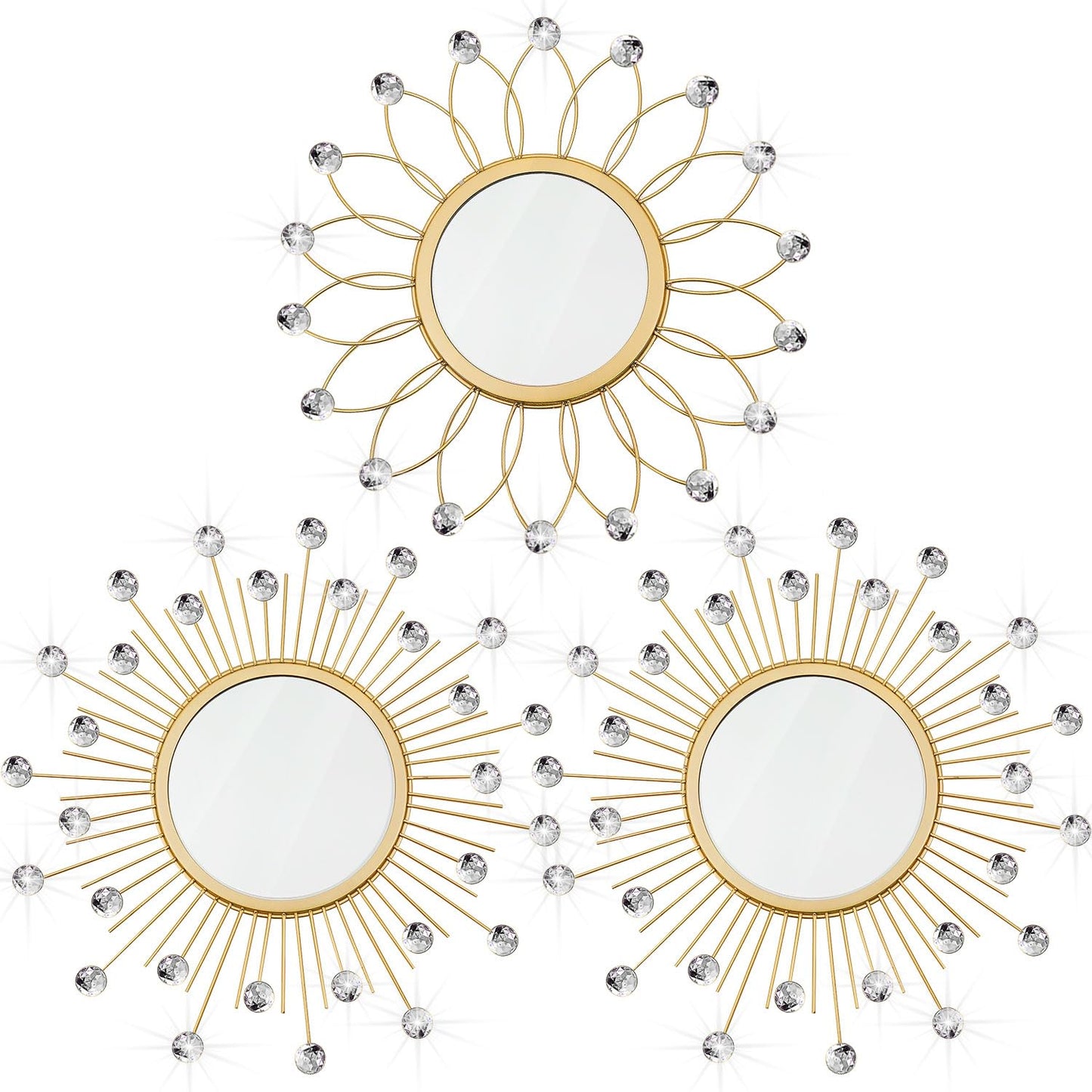 3 Pack Metal Mirrors for Wall Sunburst Wall Mirrors Home Décor Decorative Hanging Wall Art for Living Room Bedroom Entryway (Gold Crystal, Flower+Sunburst)