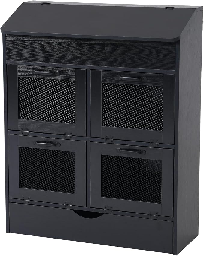 Verano Garden Large Potato Storage Bin, Wooden Bread Box with Lid, Potato and Onion Storage Bin with 4 Mesh Doors & Removable Drawer, Fruit and Vegetable Storage Rack for Pantry Kitchen (Black, 31.5")