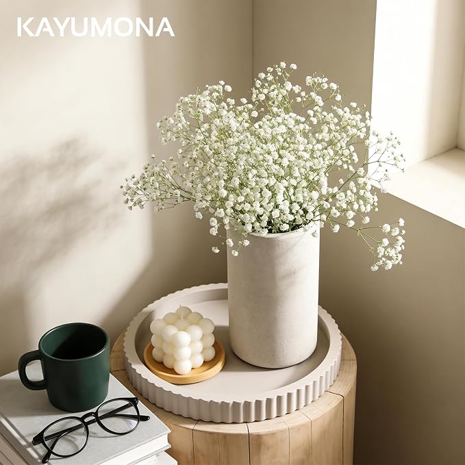 Modern Decorative Tray for Coffee Table, 11" Wooden Gray Beige Round Small Decor Tray for Candle, Perfume, Vanity, Kitchen Island Counter & Table Centerpiece