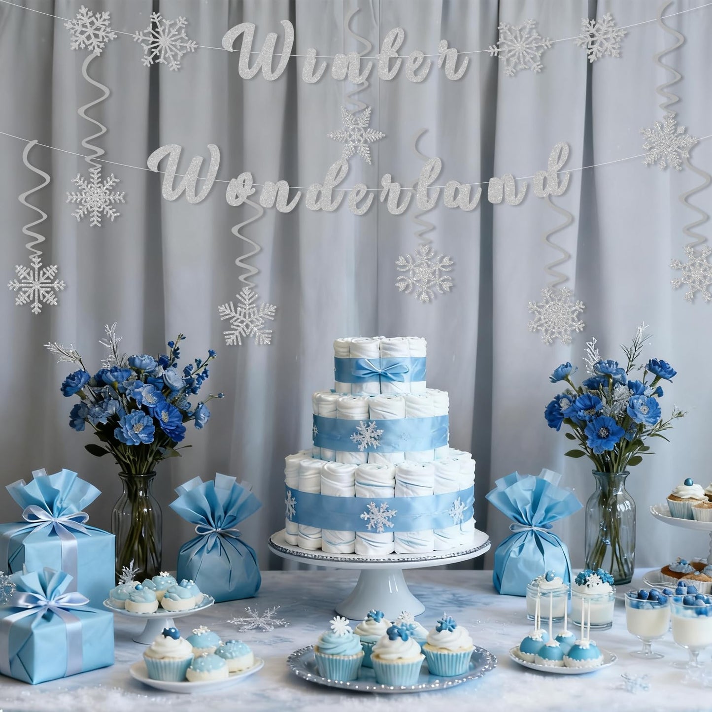 Winter Wonderland Banner,Snowflake Theme Party Decorations Include Pre-Strung Glittery Winter Wonderland Banner and 8 Pcs Snowflake Hanging Swirls,Christmas Birthday Party Supplies