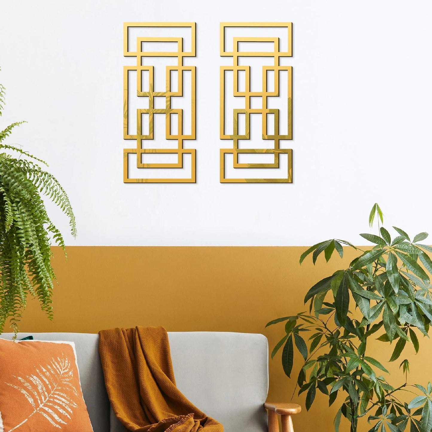 flangairy 2 Piece Gold Rectangular Wall Mirrors, 15.7×7 Inch Geometric Wooden Frame Acrylic Wall-Mounted Modern Mirror Decor for Bathroom Bedroom Living Room Office Farmhouse Home Decorations