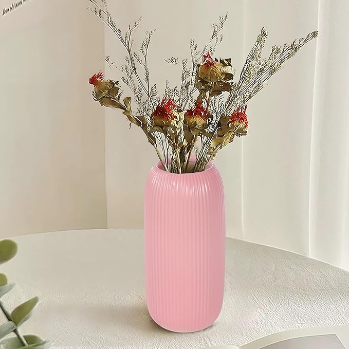 Ceramic Vase for Flowers – Modern Small Ribbed Textured Flower Vase for Home Decor, Pampas Grass, Decorative, Farmhouse, Coffee Table, Kitchen Centerpieces, Bookshelf and Home Living (Pink)