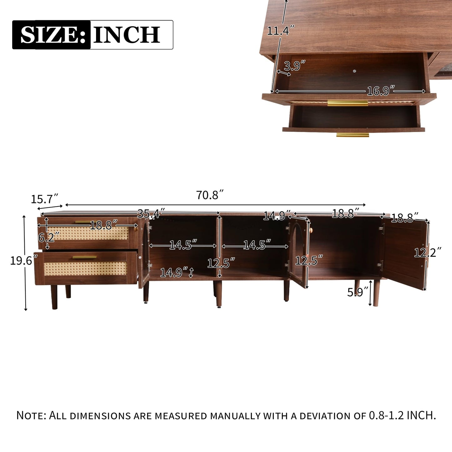 Ball & Cast Rattan TV Stand for TVs up to 80",Modern Entertainment Center with LED Light and 2 Drawers & 3 Doors,TV Media Console w/Storage Cabinets and Solid Wood Legs for Living Room,Dark Brown