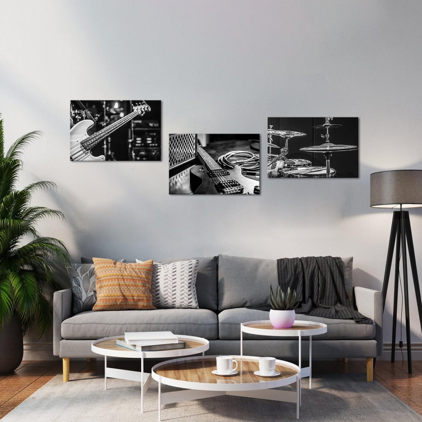 OuElegent Music Instrument Canvas Wall Art Rock and Roll Band Painting Black and White Guitar Drums Picture Prints Artwork for Home Decor 16"x24"x3 Pcs