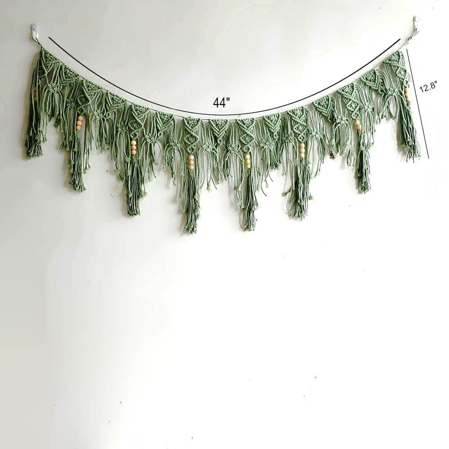 Macravine Macrame Wall Hanging Garland, Green and Cream, Bohemian Style with Wooden Beads, Handwoven Cotton Fringe Banner,44“X12.8” (Green)