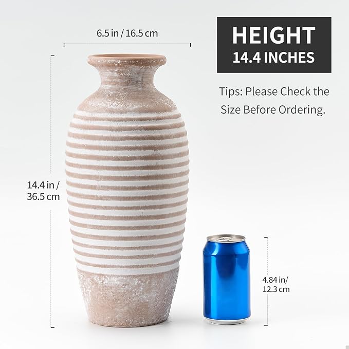 Emotionally Grounded Vase, Vaseking Large Ceramic Rustic Vase, 14.4 inch Minimalist Threaded Decorative Farmhouse Tall Vases for Home Decor, Living Room, Enterway, Table Decoration, Khaki