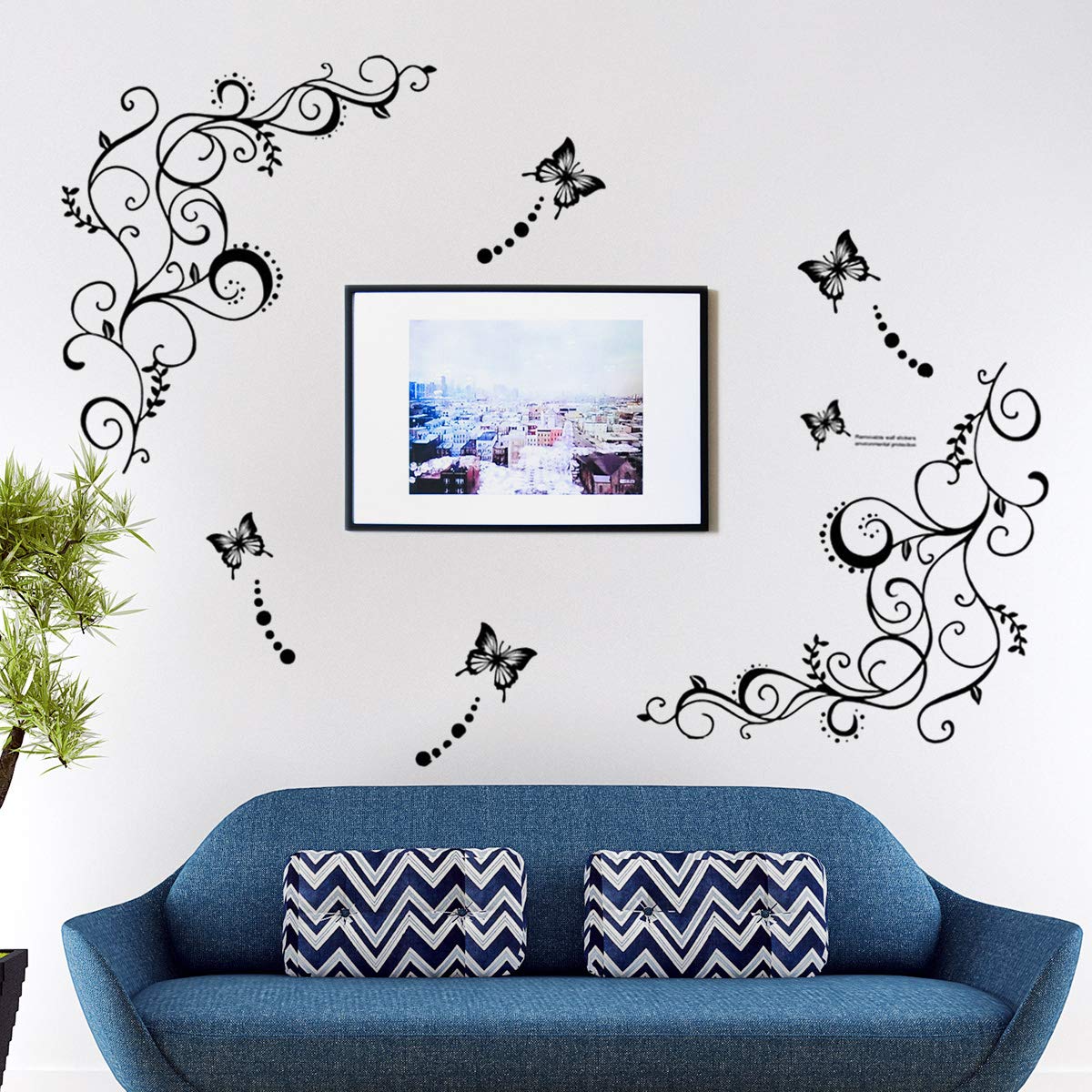 Hot Fashion Removable Vinyl DIY Black Nursery Flowers Vine and Beautiful Butterfly Wall Corner Decals Wall Sticker Murals Home Art Decor for Girls Kids Bedroom Living Room Home Decorations