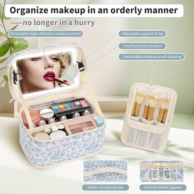Makeup Bag With LED Mirror, Lightweight Travel Makeup Bag With 3 Color Setting Light Up Mirror Cosmetic Makeup Organizer Vanity Case for Women Beauty Tools Accessories Rechargeable Train Case-Floral