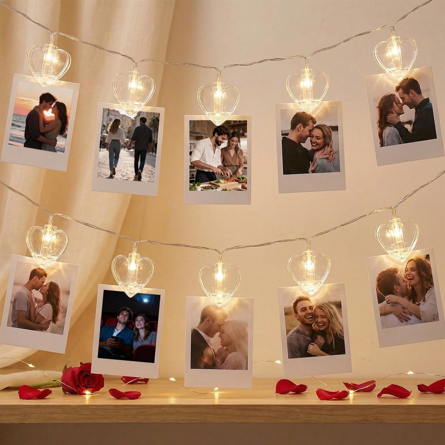 20 Photo String with Clips for Hanging Pictures,9.85Ft Valentine's Day Clear Photo Clip Lights for Wall Bedroom Wedding Birthday Party Home Decorations (Heart-USB)