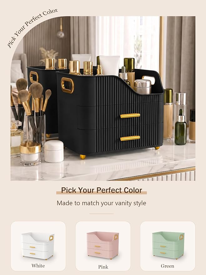 Booklov Countertop Makeup Organizer with Drawers, 3 Tier Large Cosmetic Storage Box for Vanity, Bathroom Counter, Dresser, Skincare Display Case for Lipsticks, Beauty Palettes, Teen Girl Gifts, Black
