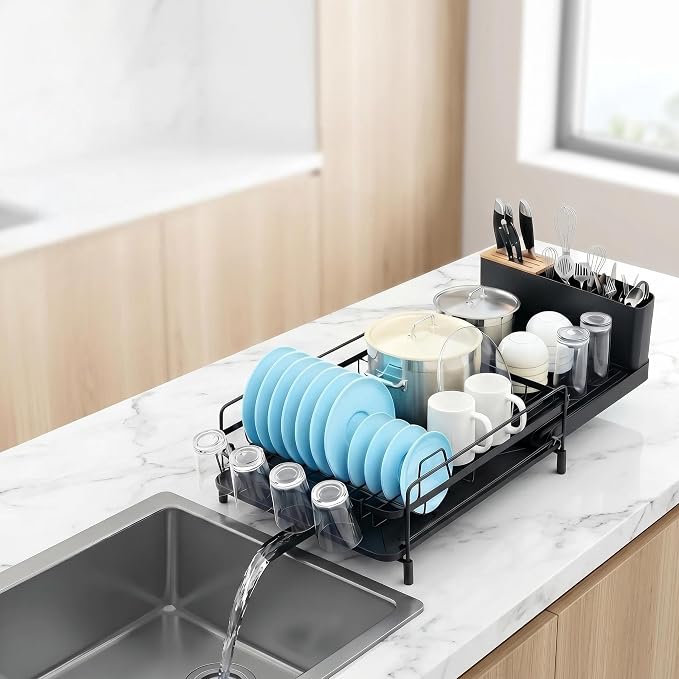 Large Extendable Dish Drying Rack with Bamboo Knife Holder, Rustproof Dish Drainer for Kitchen Counter, Adjustable 19"-27", Black