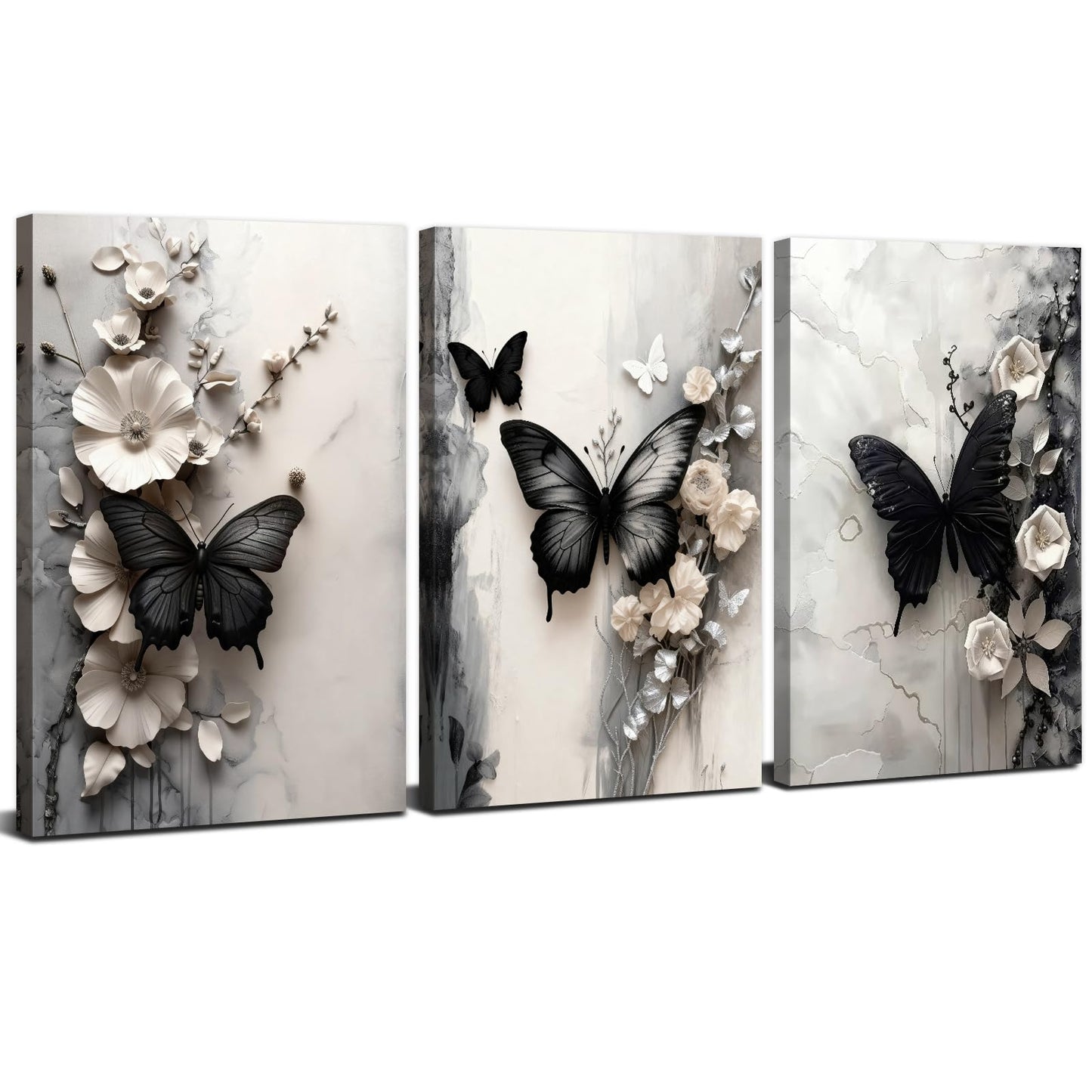 Black Butterfly Wall Art White Flowers Wall Decor Abstract Textured Floral Canvas Prints Butterfly Wildflowers Painting Poster Modern Luxury Aesthetic Canvas Artwork for Home Decorations 12x16" 3Pcs