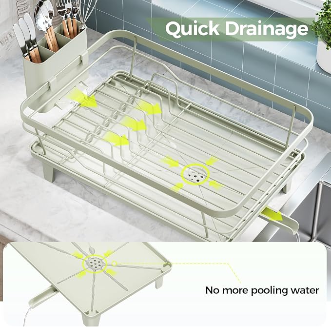 Urackify Dish Drying Rack for Kitchen Counter, Sink Dish Rack with Drainboard, Large Dish Drainer with Cups Holder, Home Countertop Plate Dryer Storage Rack with Cutlery Holder, Soft Celery Green