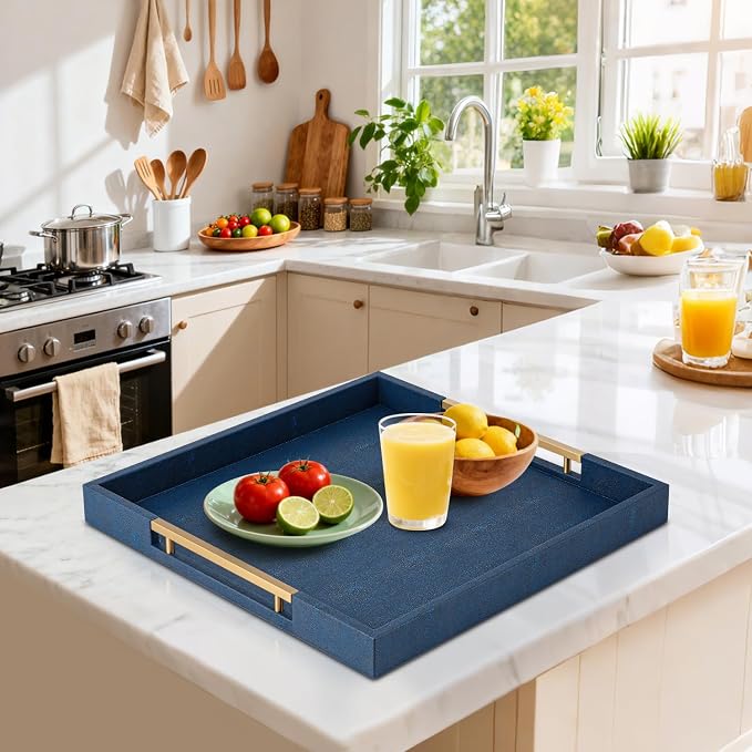Navy Blue Faux Leather Large Square Decorative Serving Tray with Handles – for Coffee Table, Ottoman, Living Room, Bathroom & Home Decor