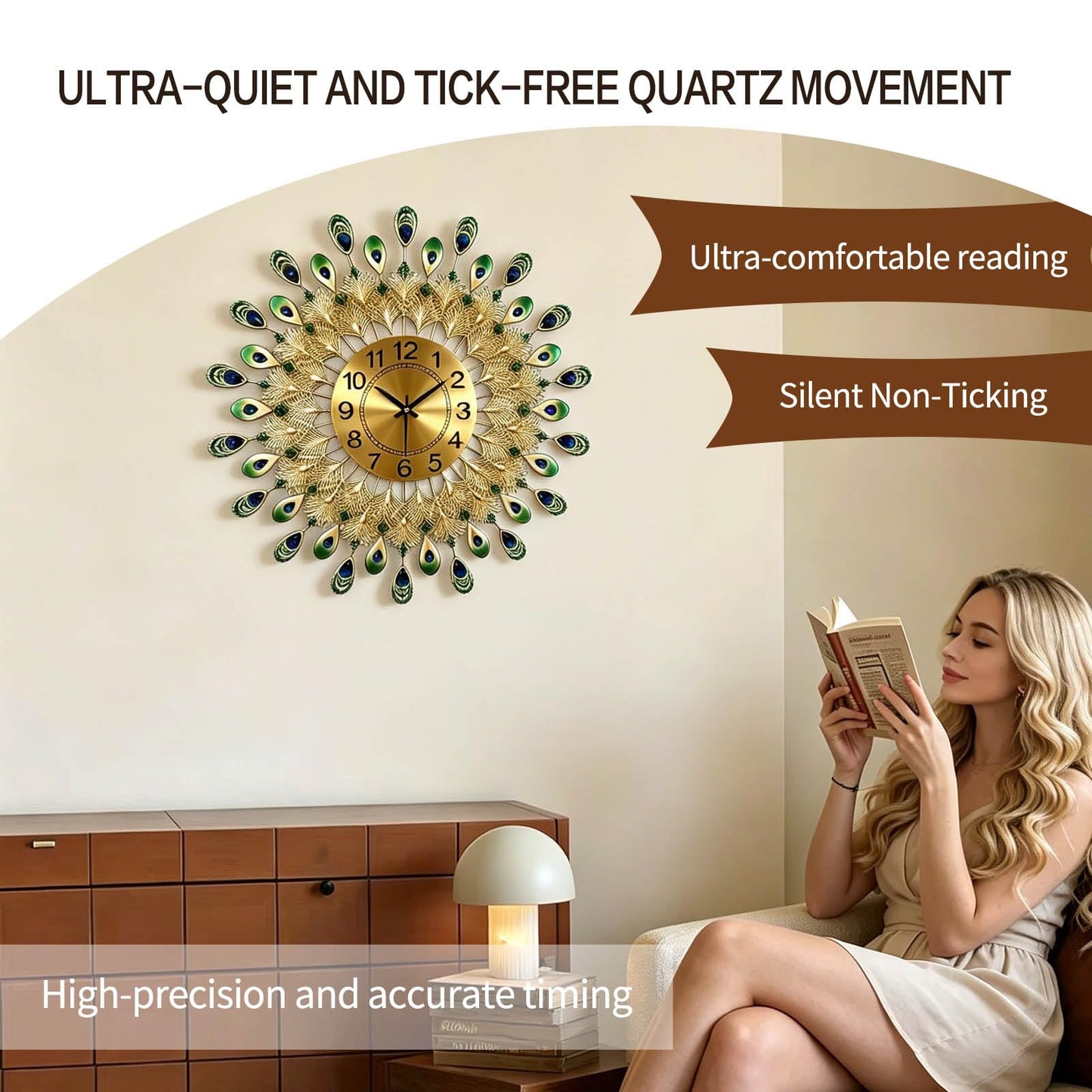 LIYUANSI Large Peacock Wall Clock,Non-Ticking Silent Creative Personality Modern Art Decorative Wall Clocks,for Living Room Bedroom Dining Room Decor,Dia 20 inch