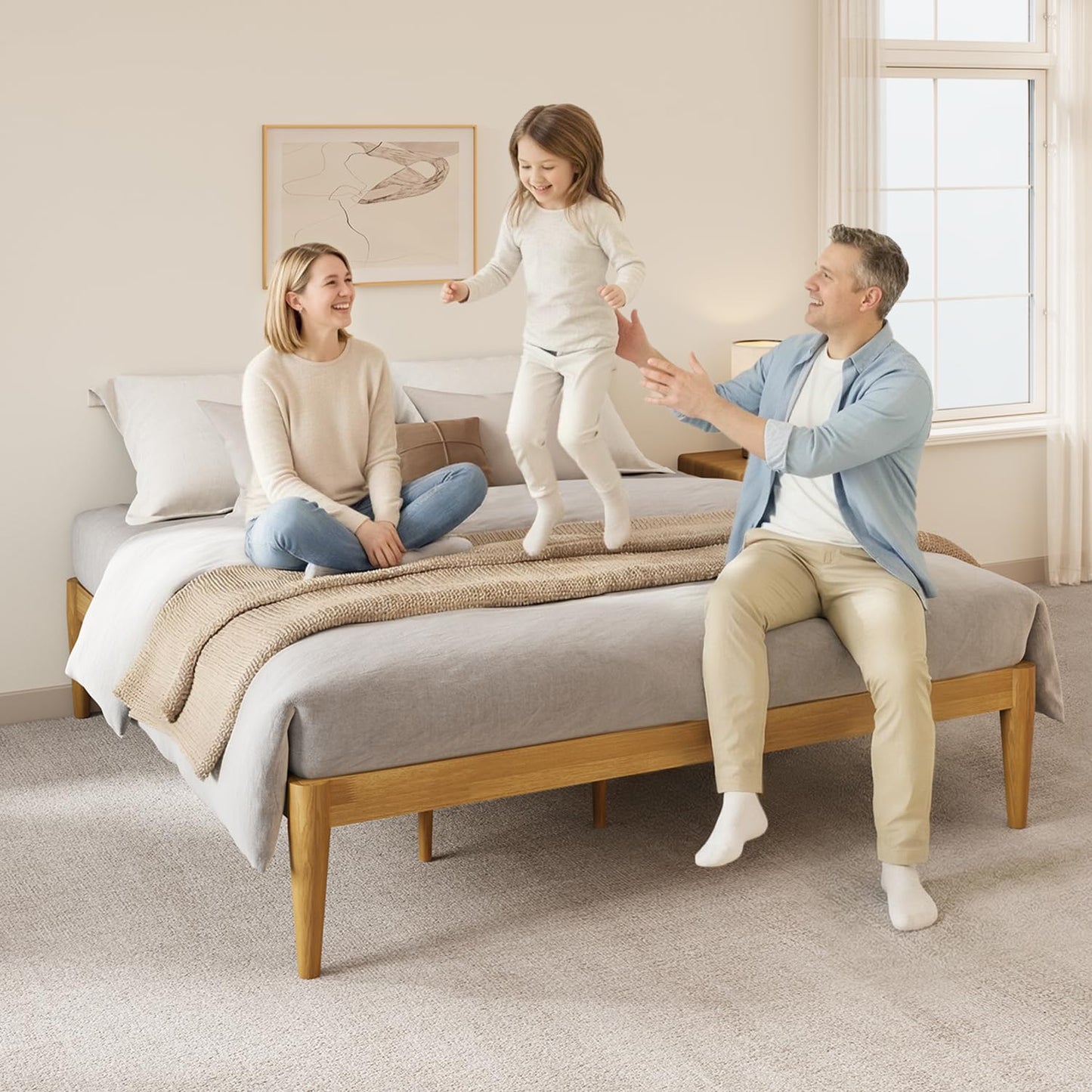 IOTXY California-King Platform Bed Frame - Solid Wood 16-Inch Height Mattress Foundation Base with Densely Slats and Heavy-Duty Support Legs, No Box Spring Needed, Oak