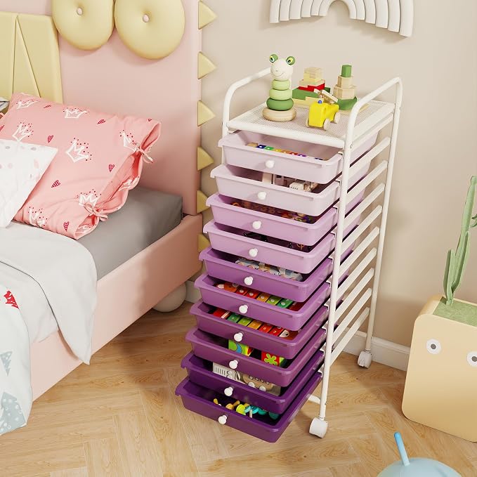 COSTWAY 10-Drawer Rolling Storage Cart, Utility Mobile Trolley with Removable Drawers & Universal Casters & 2 Brakes, Versatile Flexible Drawer Organizer Cart for Home, Office, Purple Gradient