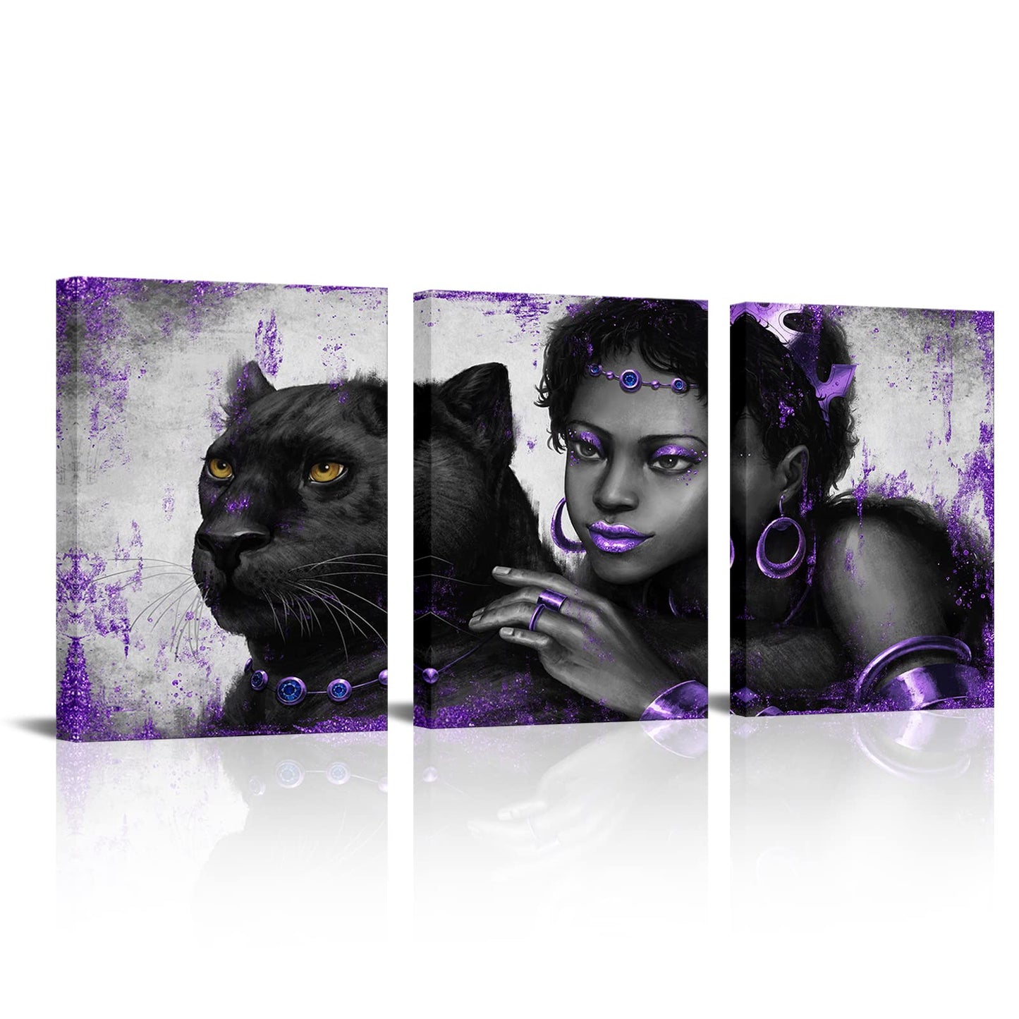 Kalormore Purple Fashion Picture for Girl Bedroom Glam Elegant African American Black Woman with Queen Crown and Panther Painting Giclee Canvas Prints Wall Decor Gallery Wrapped Artwork Gift Makeup