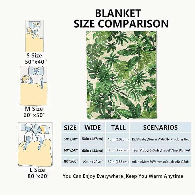 Tropical Green Leaves Blanket Lush Botanical Leaf Throw Blankets with Plant,Birthday Gifts for Girls Women & Nature Lovers,Lightweight Soft Fleece,for Sofa Couch Bed Room Decor 40x50in