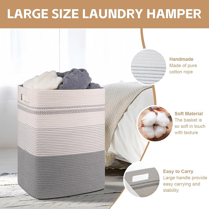 80L Large Cotton Rope Laundry Basket for Bedroom & Laundry Room, Tall Clothes Hamper with Sturdy Handles, Neutral Storage Bin Capable of Holding Blankets and Toys