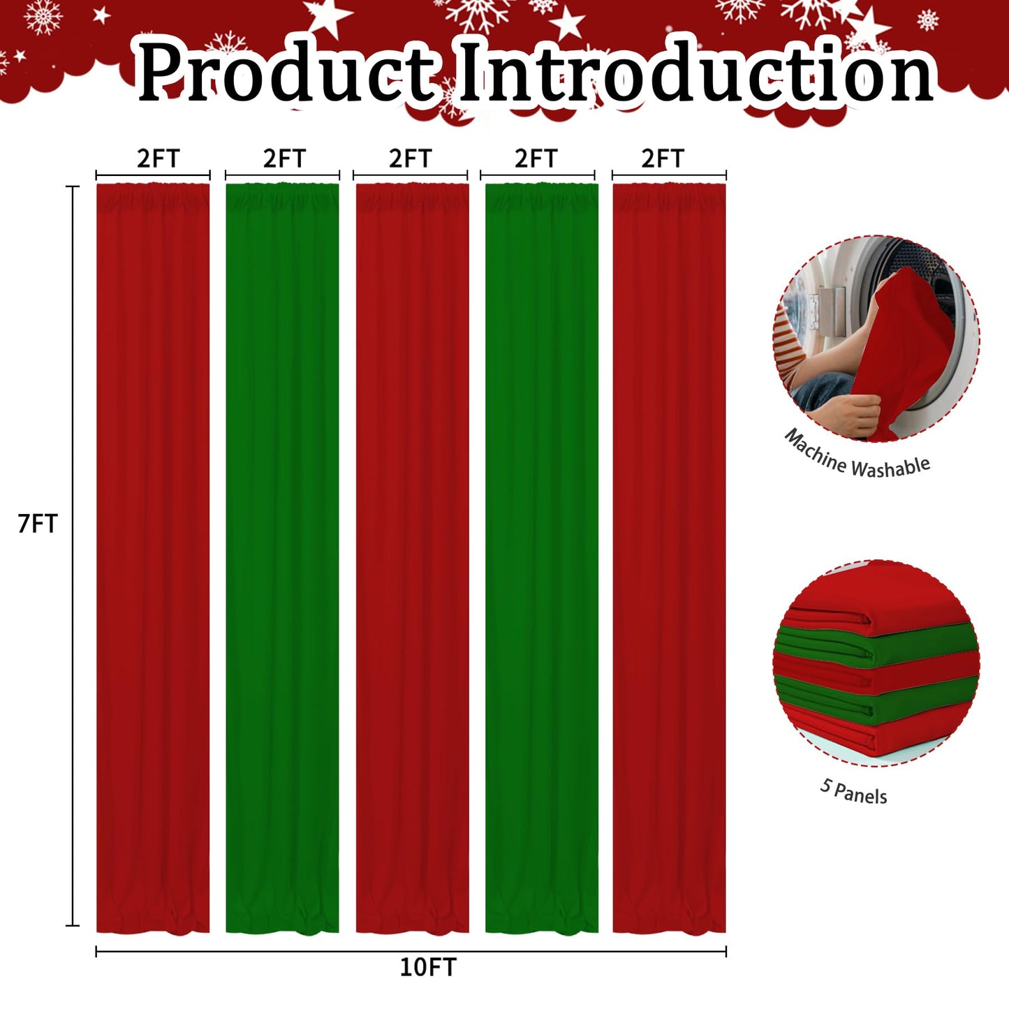 GEWONELIFE Christmas Backdrop Curtain - 10×7ft Red & Green Holiday Party Background Decor for Xmas Tree Photos, Home Festive Wall, Mall Santa Booth, Reusable Winter Celebration Decoration for Families