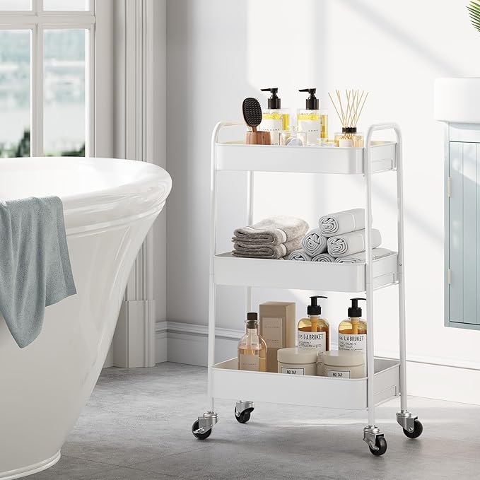TOOLF 3-Tier Rolling Cart - Metal Utility Storage Organizer with Lockable Wheels, 33 lbs Per Shelf, Tool-Free 5-Min Assembly, for Kitchen Bathroom Office Nursery Craft Room, White