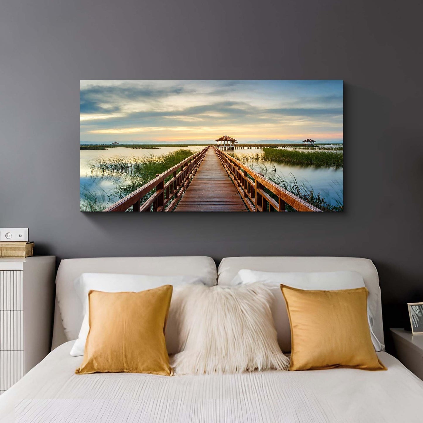 Lake Bridge Canvas Wall Art - Sunset Sky Landscape Painting Pier Walkway Picture Nature Prints Scenery Artwork for Living Room Home Office