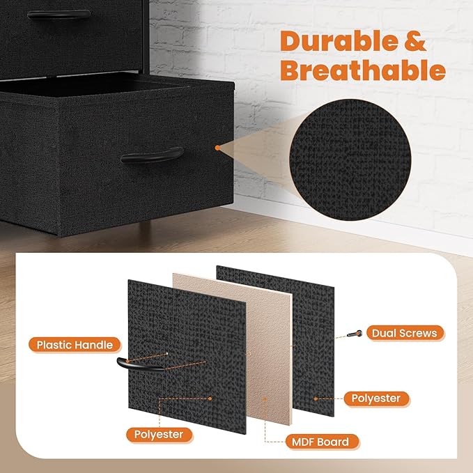 Sweetcrispy 7 Drawer Dresser Storage Organizer with Fabric Bins, Sturdy Steel Frame and Wood Top, Easy Pull Handles, for Bedroom Closet Hallway Entryway,Black