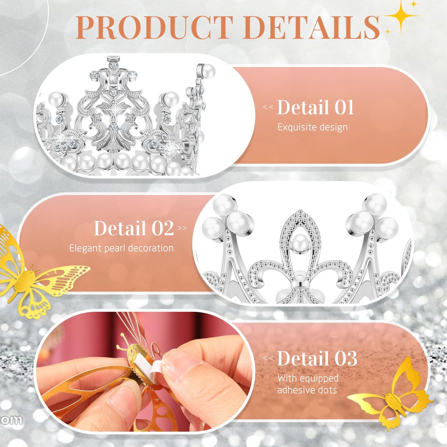 200 Pcs Flower Bouquet Accessories 100 Corsage Bouquet Pins 96 3D Butterfly Wall Decor Bulk and 4 Crown Cake Topper Pearl Pins Floral Arrangement for Festival Wedding Birthday Party (Gold, Silver)