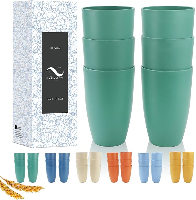 PYRMONT Wheat Straw Cups 20 Oz Alternative Plastic Cups Set of 6 Unbreakable Big Cups for Kitchen Dishwasher & Microwave Safe Large Water Cups for Iced Coffee,Smoothie-Green