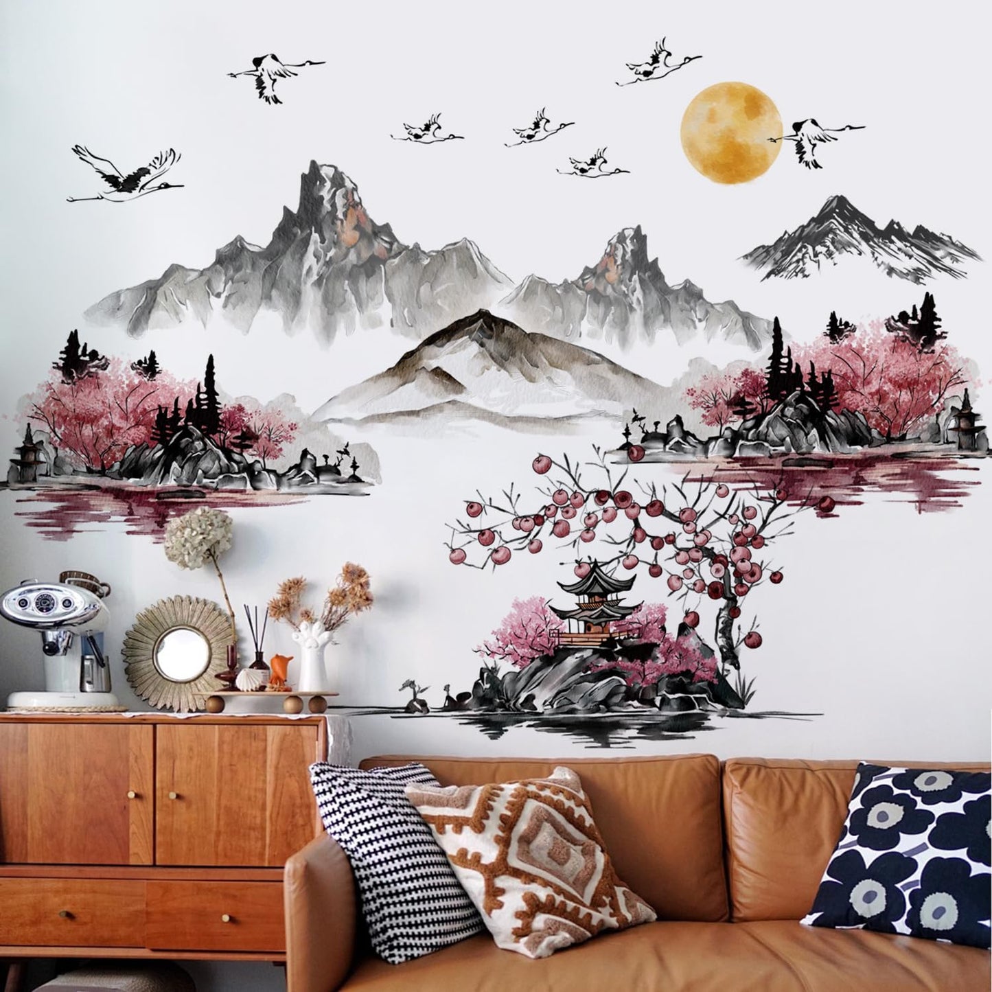 DRWSSR 3 Sheets Removable Chinese Style Splash Ink Landscape Painting Wall Decal DIY Red Sun Flying Bird Pavilion Red Forest Art Mural for Living Room Bedroom TV Background Wall Home Decor