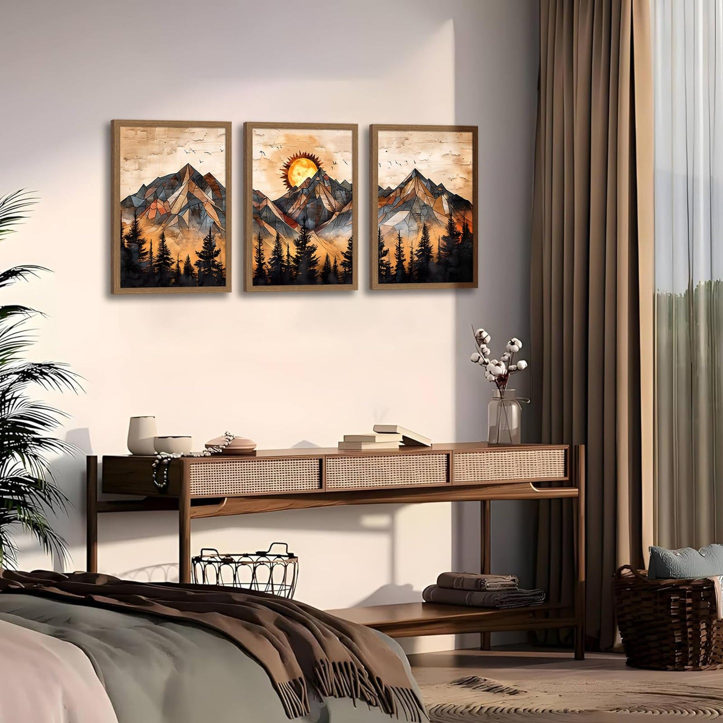 soonkiss Warm Tone Geometric Mountain Wall Art Set of 3, Abstract Sunset Forest Canvas Prints, Boho Nature Wall Decor for Living Room Bedroom Office 12x16 Inch