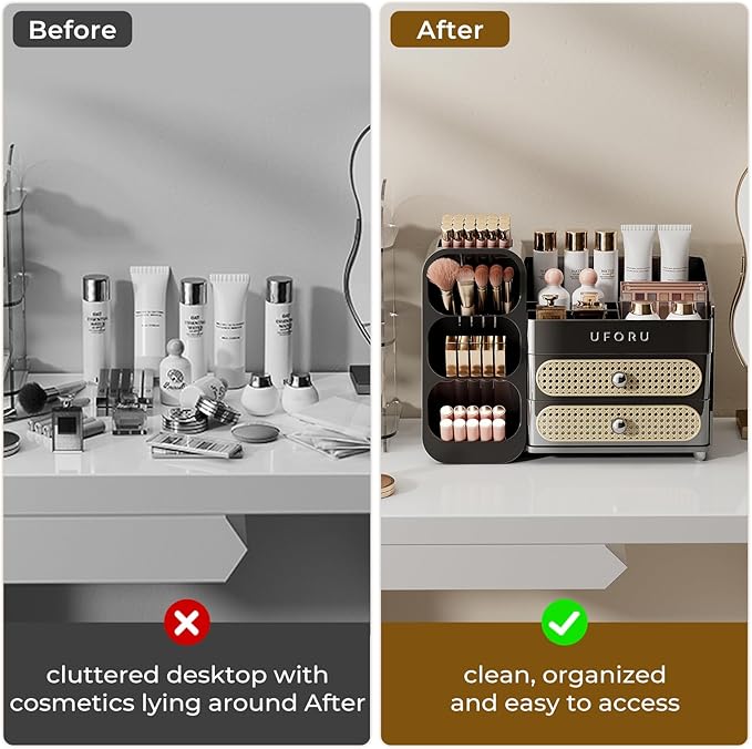 UFORU Makeup Organizer for Vanity with Brush Holder, Large Capacity Bathroom Countertop Skincare Organizer with 2 Drawers, Cosmetic Display Case for Perfumes, Eyeshadow Palettes, Nail Polishes