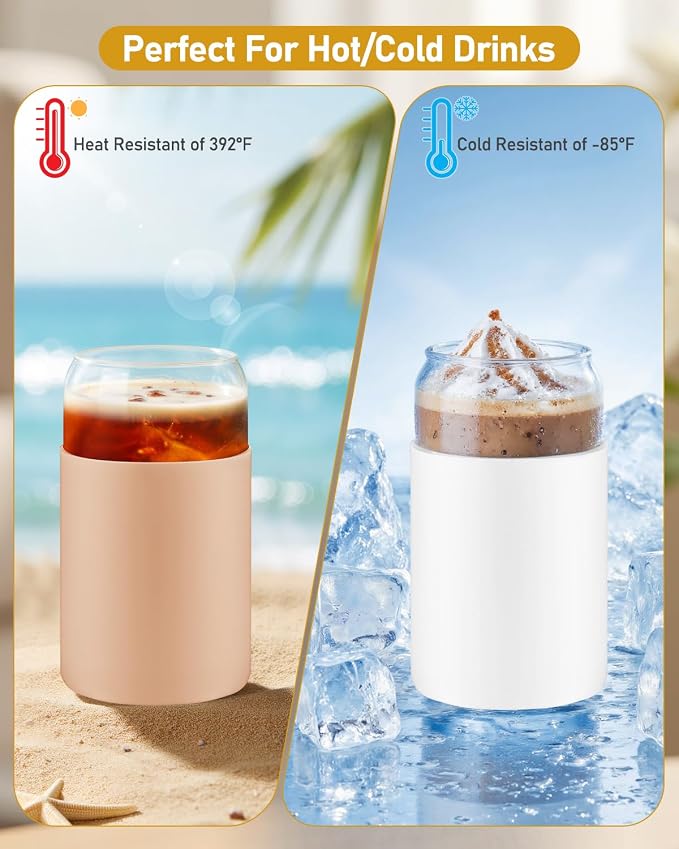 Glass Cups with Lids and Straws, 2 Pack 16OZ Iced Coffee Cups with Silicone Sleeve, Glass Tumbler with Straw and Bamboo Lid, Home Essential Drinking Set for Juice, Cocktail and Latte Black&Khaki