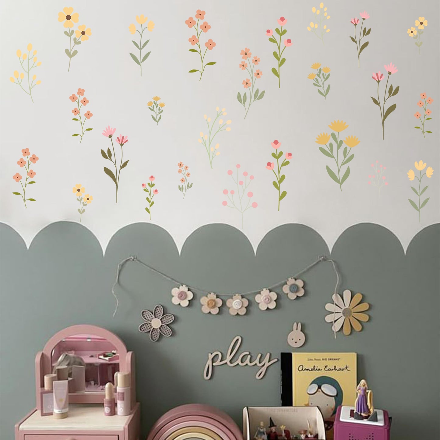 GIOGUK Flower Wildflower Wall Decal - Flower Wildflower Floral Decorations Wall Stickers, Wall Decorations for Living Room, Bedroom, Baby's Room, Nursery, Floral Sign Decal Pink Yellow Peach