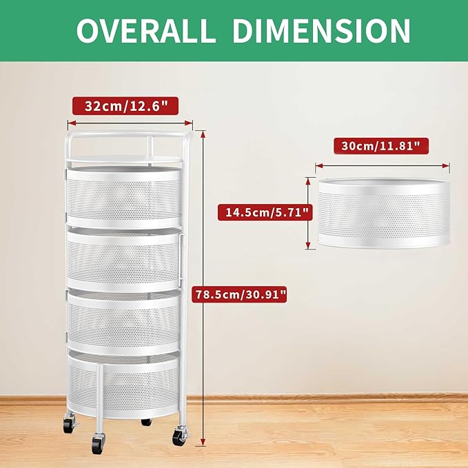 JAQ No Assembly Kitchen Storage Cart with Wheels, 4-Tier Rotating Onion & Potato Storage Organizer, Metal Produce Rack for Vegetable, Fruit and Pantry Storage, White