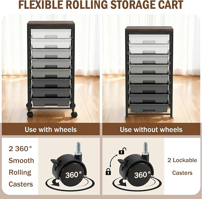 Rolling Cart with 8 Drawers, Storage Drawers Cart with Wooden Tabletop and Lockable Wheels, Craft Storage for Living Room, Office, Classroom, Craft Room, Bedroom (Gray)