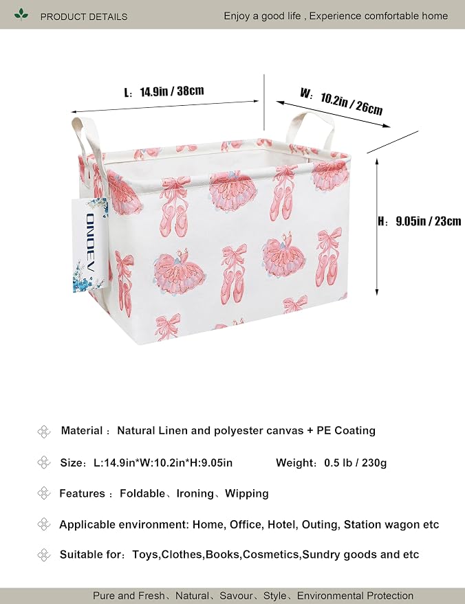 Rectangular Folding Laundry Basket,waterproof Canvas Basket,Gift Basket,Suitable for Children's Room,Office,Clothes,Toys Storage(Pink lace dance shoes)